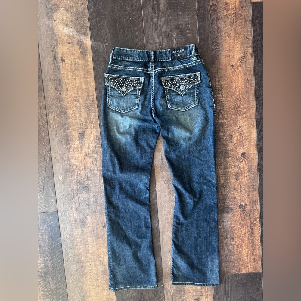 Rock & Roll Cowgirl Mid Rise Bootcut Jeans Studded Pockets 29x34 - Picture 2 of 6